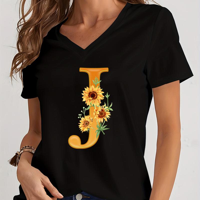 Womens Vneck Graphic Shirts Orange AZ Alphabet Sunflowers Short Sleeves  Harajuku Fashion Girl Casual Y2k Trend Tshirts Top