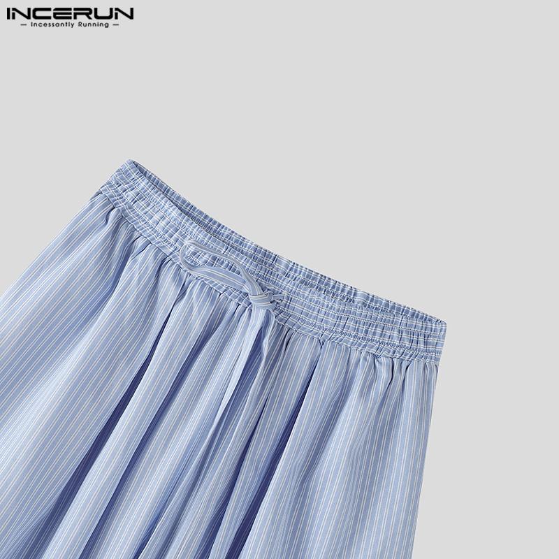 INCERUN Мужские комплекты из двух предметов: рубашка с лацканами, длинными рукавами и полосатым принтом, длинные широкие брюки