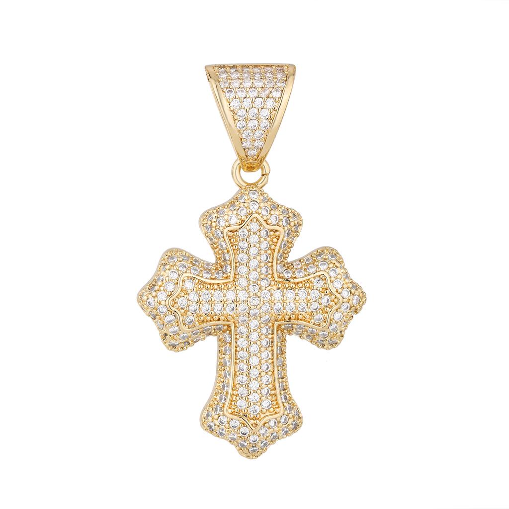 Iced Out Men's Christian Engagement Brass Jewelry 14K Gold Plated Micro Paved CZ Pendant Hip Hop Cross Necklace and Pendant