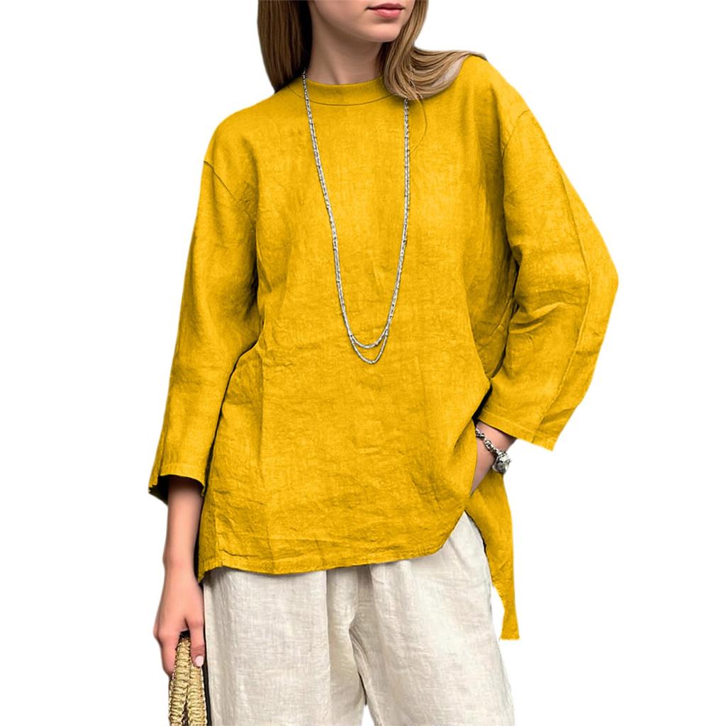 Женский свободный топ из хлопка и льна с ретро-принтом, круглым вырезом и длинными рукавами