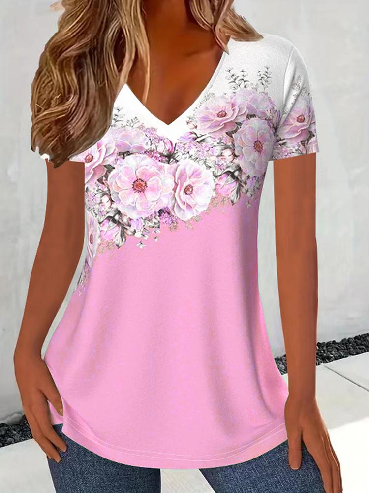Fashion Women's Short Sleeved Floral Print T-Shirt Top V Neck Color Blocking Casual Commuter TShirt