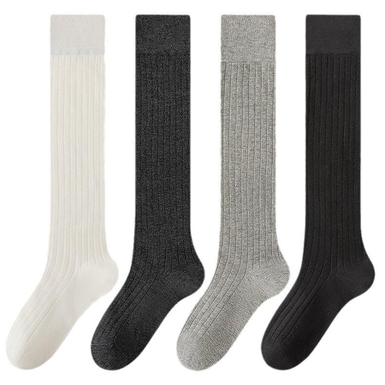 Smoke Gray Vertical Stripe Cotton Mid-Calf Socks: Women's Korean Runway Style for Spring & Autumn