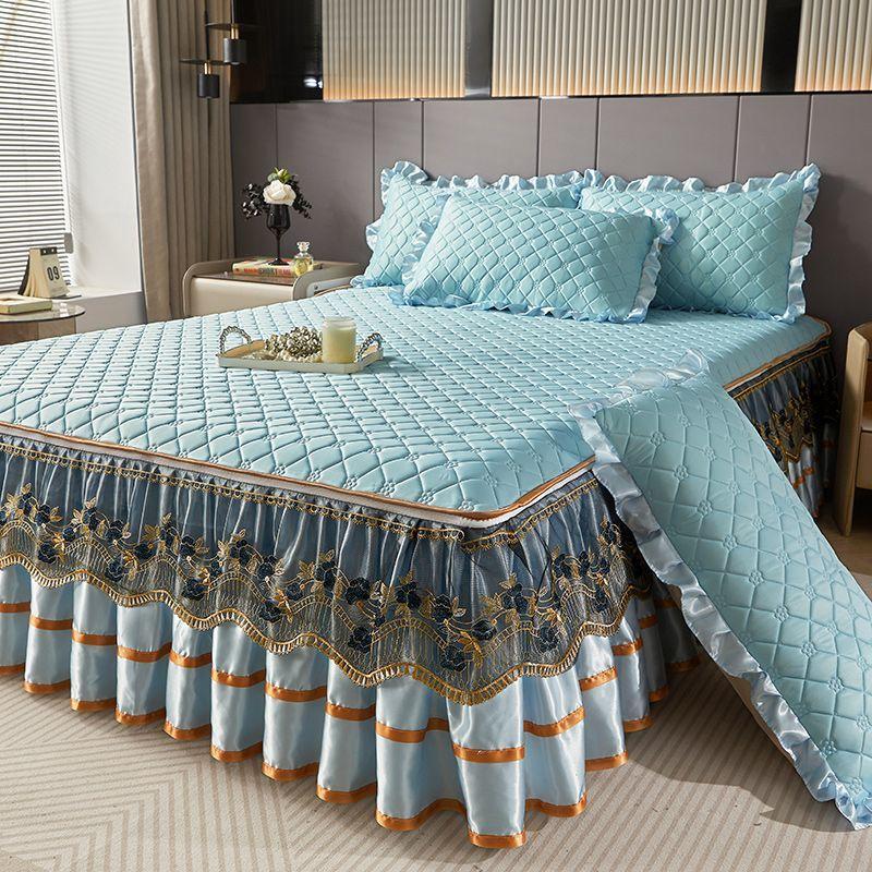 Комплект из 3 предметов для спальни Высококачественная юбка для кровати из хрустального бархата Комплект из трех предметов с толстой кружевной отделкой, стиль корейской принцессы Теплый и нескользящий чехол для матраса