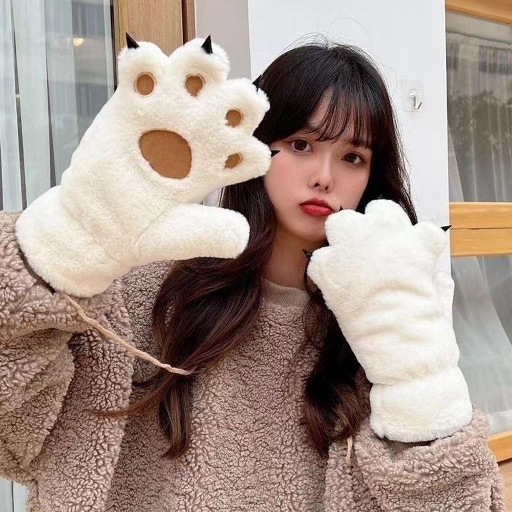 Fluffy Warm Gloves Flush Cat Paw Gloves Hanging Neck Mittens Bear Paw Gloves Female Winter Gloves