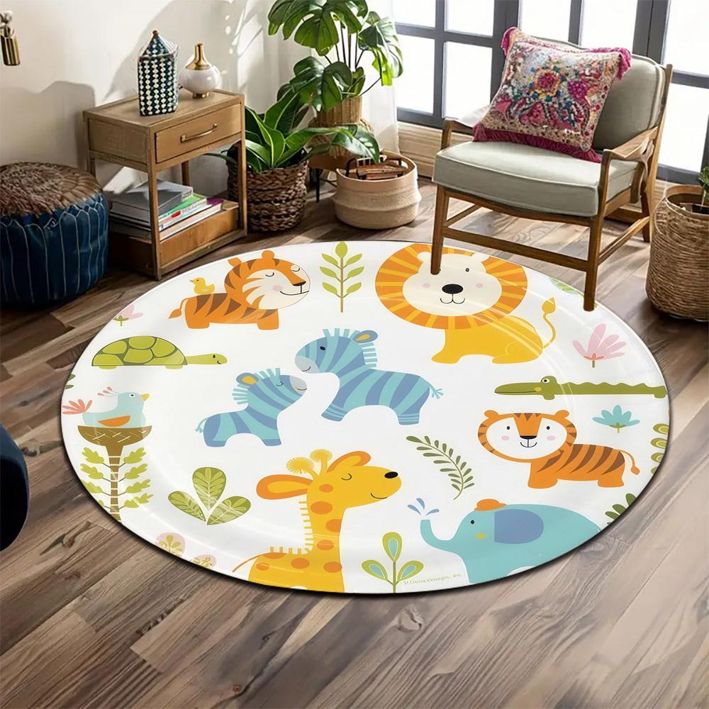 "Colorful Jungle Animals Pattern" Print round rug, living room, bedroom, playroom carpet, non slip floor mat, gift