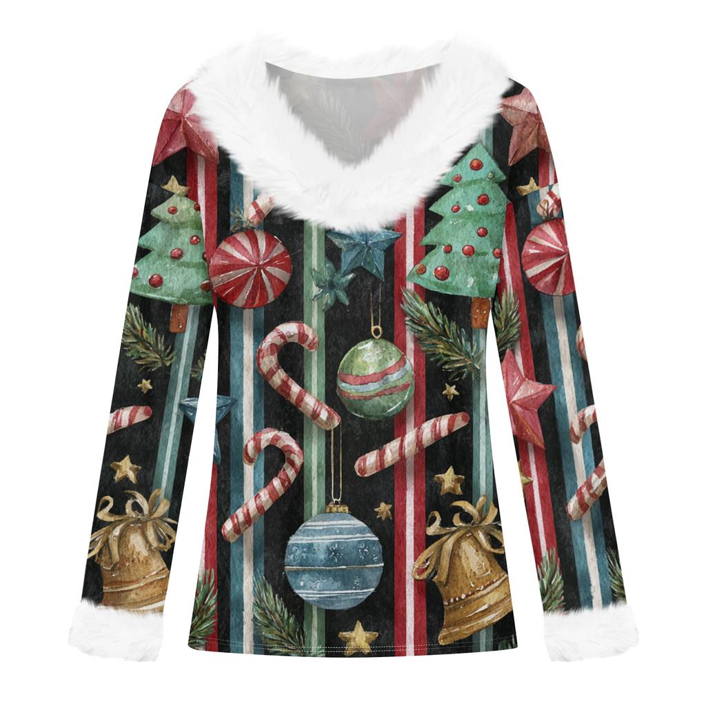 Женский повседневный модный топ с длинным рукавом и фланелевым воротником с рождественским принтом