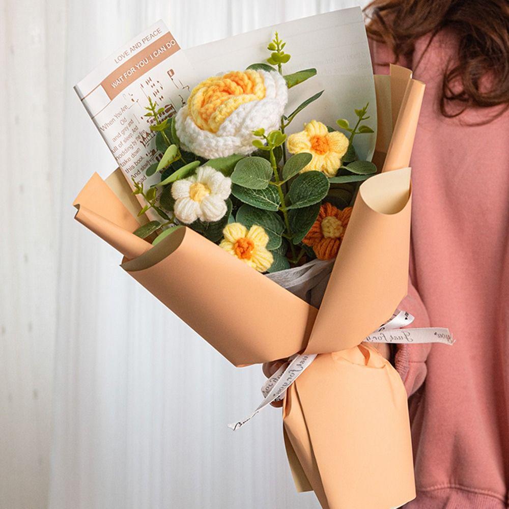 With Lights Rose Flower Bouquet Preserved Fresh Flower Hand-Knitted Fake Flowers  Kids Adult