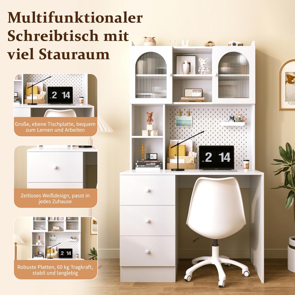 Modern Multifunctional Desk with Integrated Cabinet, 180 cm with Pinboard System, 3 Drawers & Display Cabinet with Glass Fronts, for Study Home Office