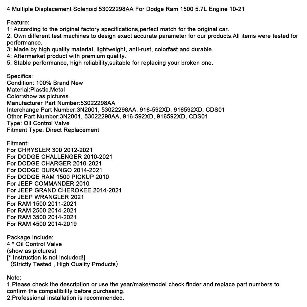4 Multiple Displacement Solenoid 53022298AA For Dodge Ram 1500 Engine 10-21