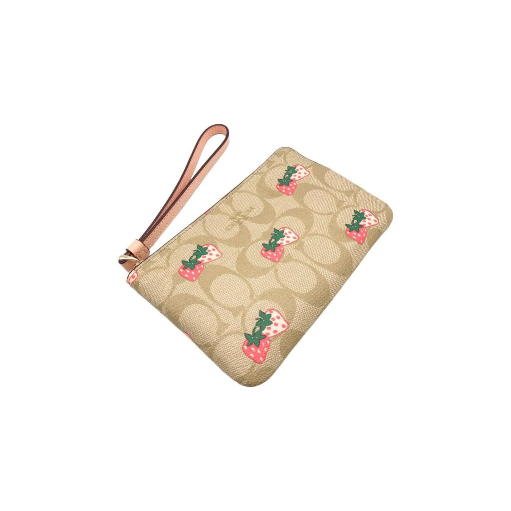 Coach Кошелек-клатч с боковой молнией 16 Classic Floral Strawberry Print, покрытый холст, кожа, женский, маленький, светло-хаки CB592-IMOT4