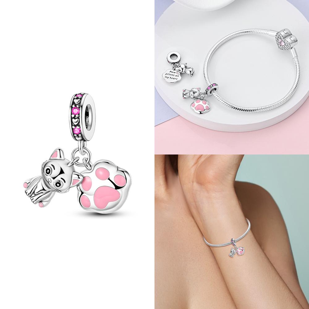 Original 925 Silver Black Cat Moon Cat Paw Pendant Charms Bead Fit Bracelet Women Jewelry Diy Anniversary Gift Accessories
