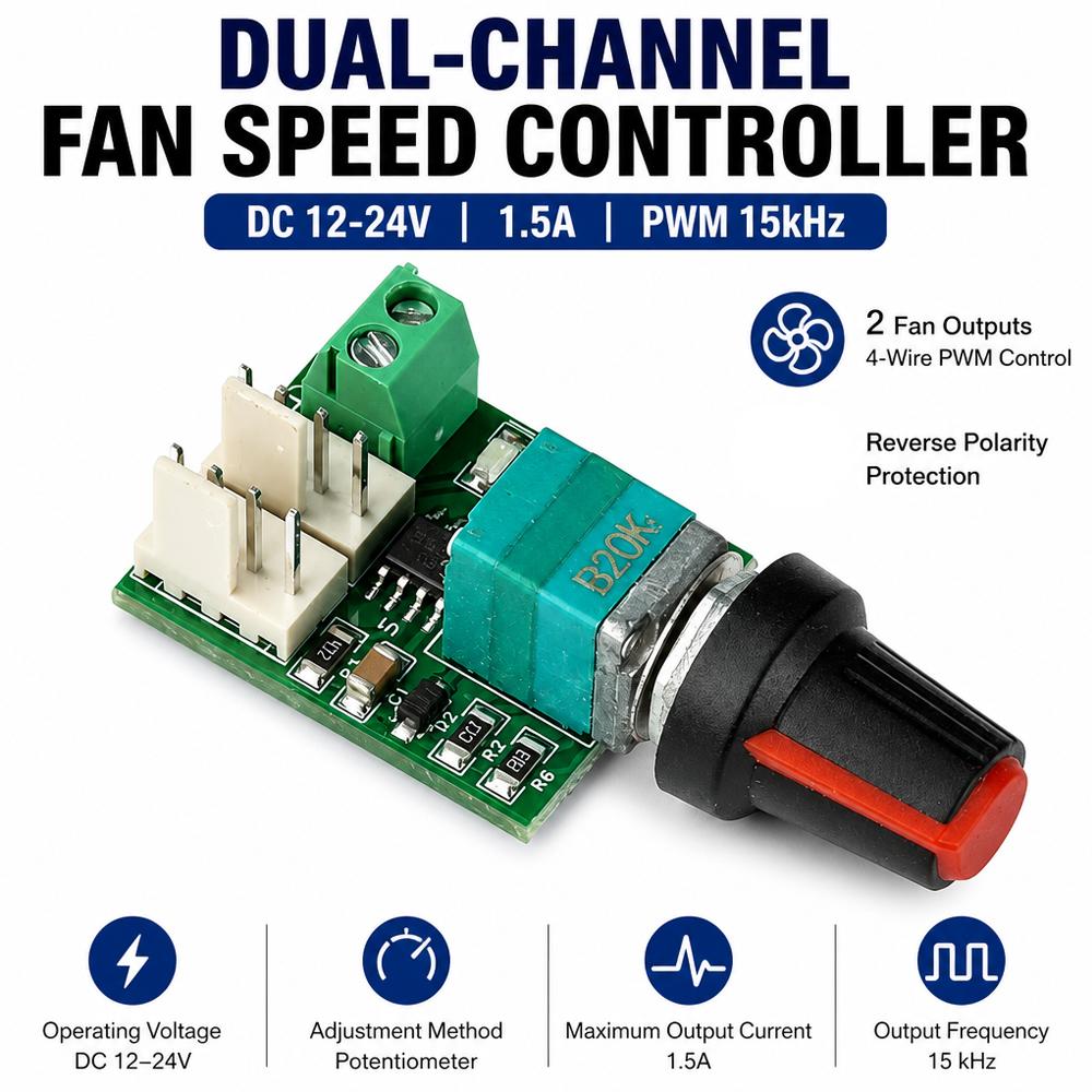 1-Wire Fan Speed Regulator DC 11-11V 1.1A Dual-Channel PWM Speed Controller Low Voltage Motor Speed Controller Module