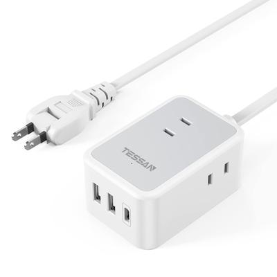 TESSAN Удлинитель с розетками 2 м, 3 розетки AC, 1 Type C, 2 Type, Компактный и идеальный для командировок и путешествий, Сетевой фильтр, USB, Розетки,