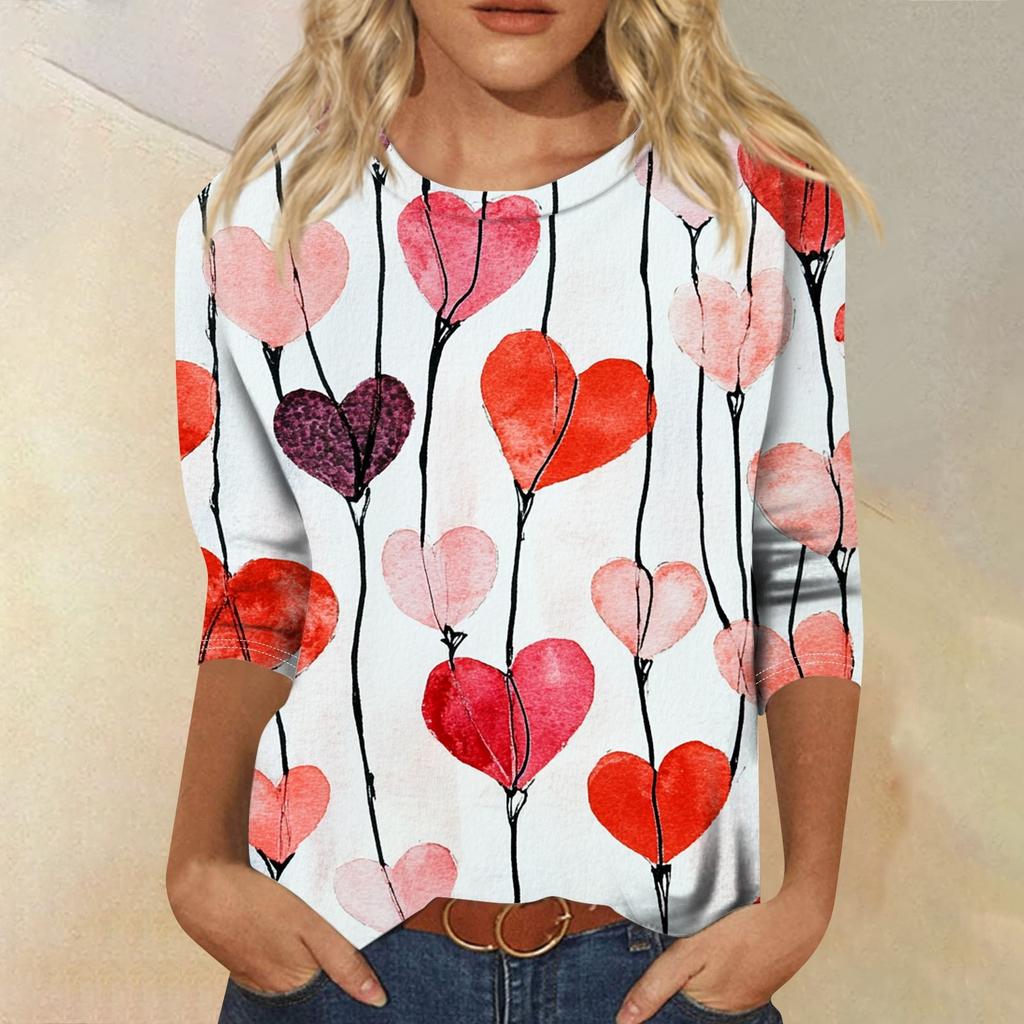 Футболка женская с рукавом 3/4, повседневная футболка с принтом ко Дню святого Валентина, джемпер с круглым вырезом