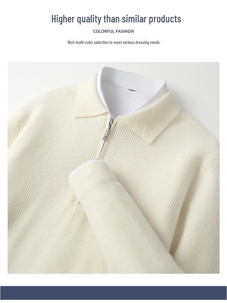 Мужской деловой повседневный пуловер поло из чистой шерсти на молнии - Осенне-зимний пуловер свободной вязки