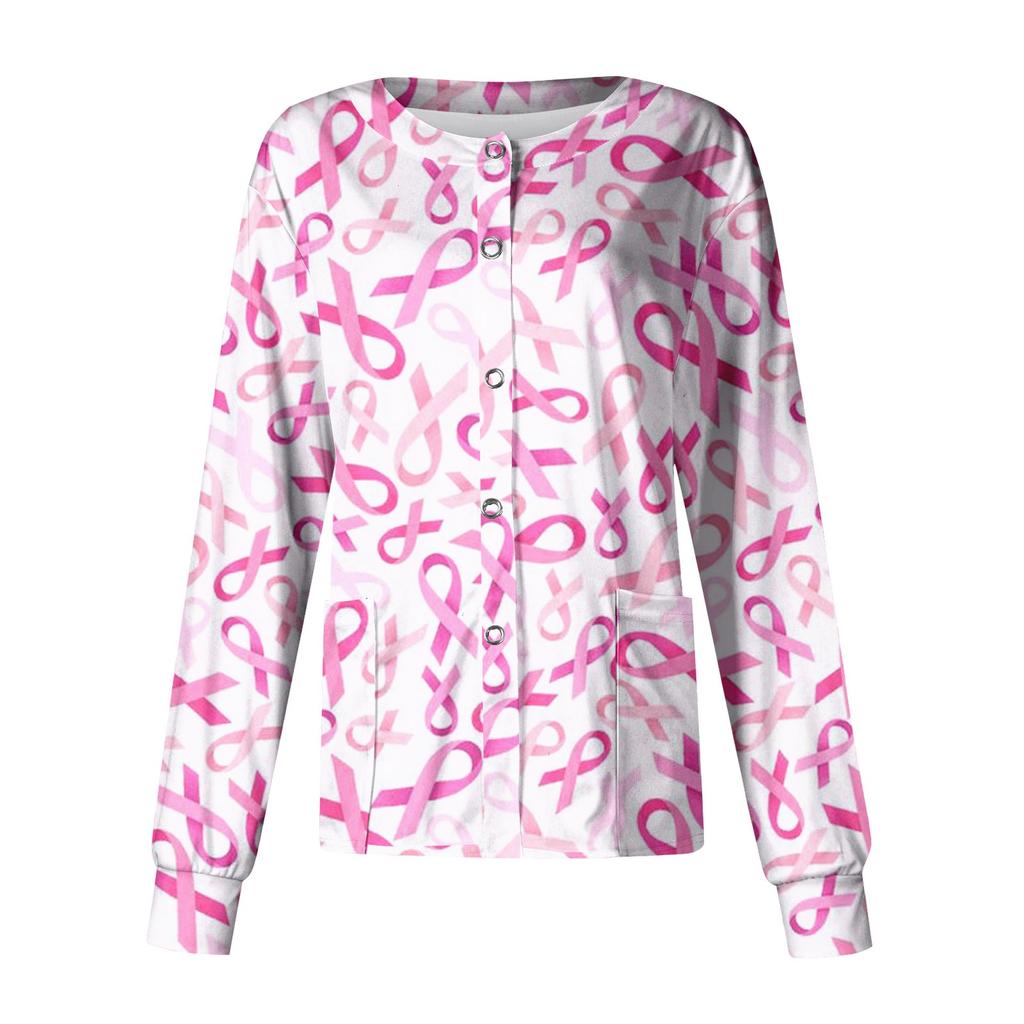 Women's Fashionable Casual Pocket Long Sleeved Themed Printed Round Neck Top