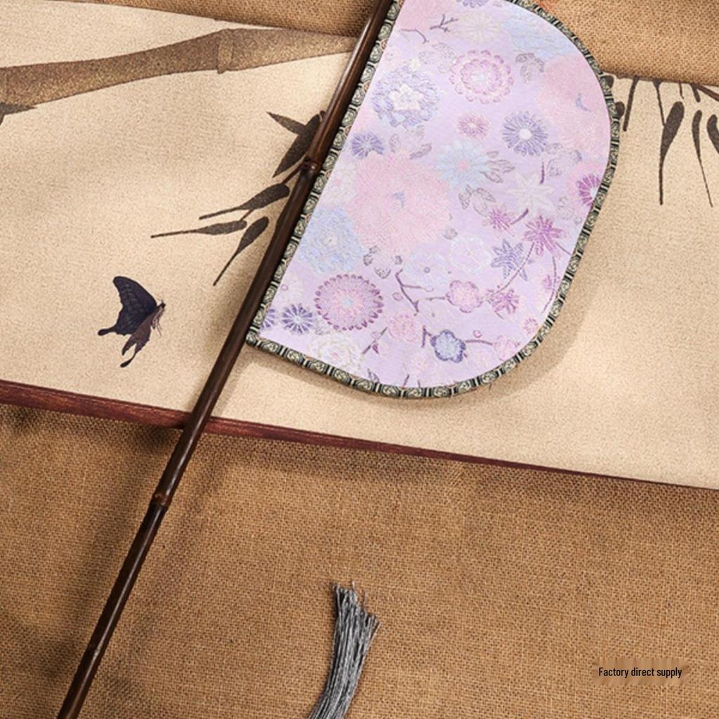 Purple Bamboo Knife Fan with Long Handle - Hanfu Catwalk Prop and Face Covering in Ancient Warring States Style