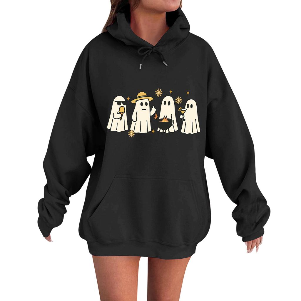 Женская повседневная модная удобная толстовка с круглым вырезом, капюшоном и длинными рукавами с принтом на Хэллоуин, теплая