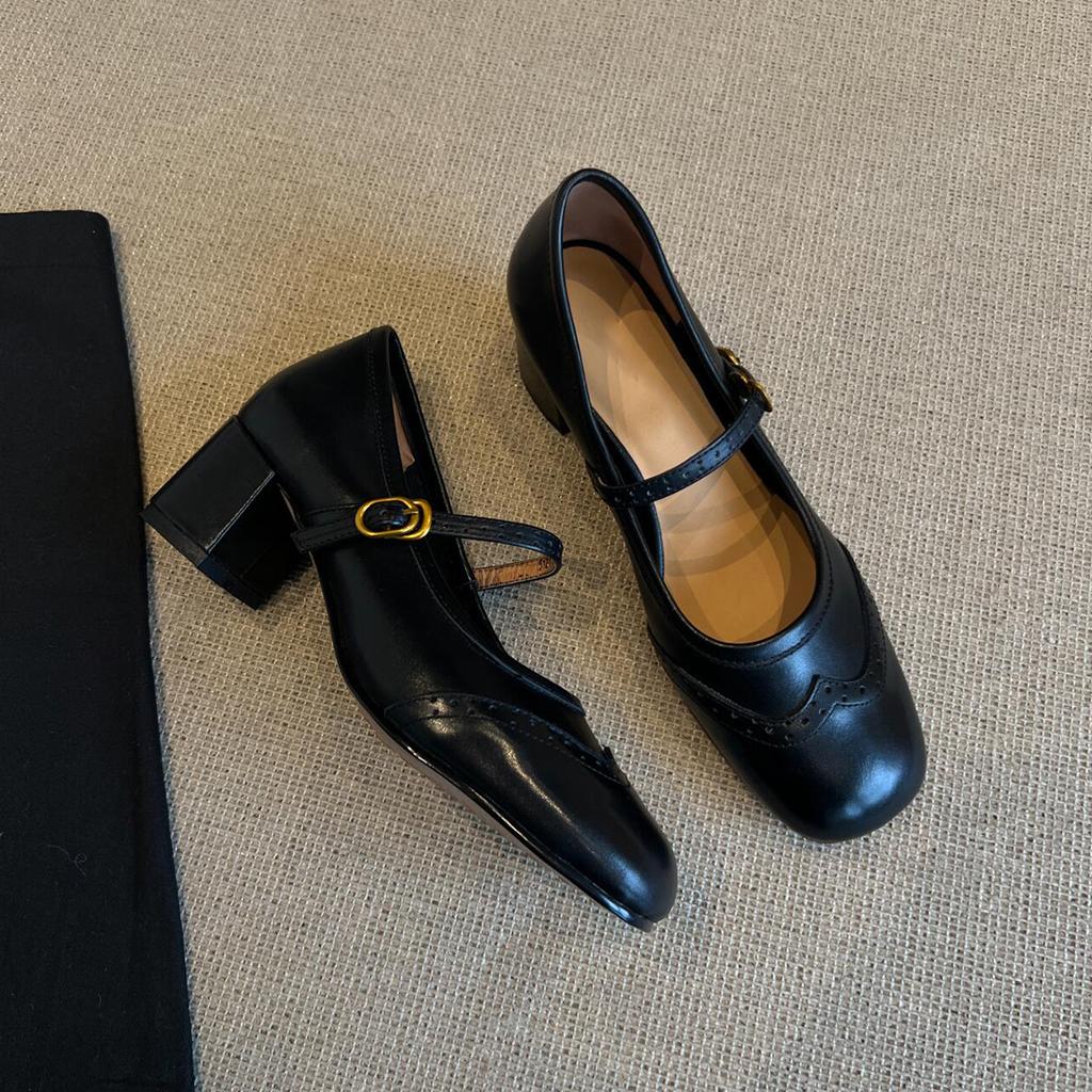 Lan Cabinet Edition~ Versatile One-word Button Light Heel Mary Jane Shoes Women's Retro Block Square Head Soft Leather Small Single Shoes