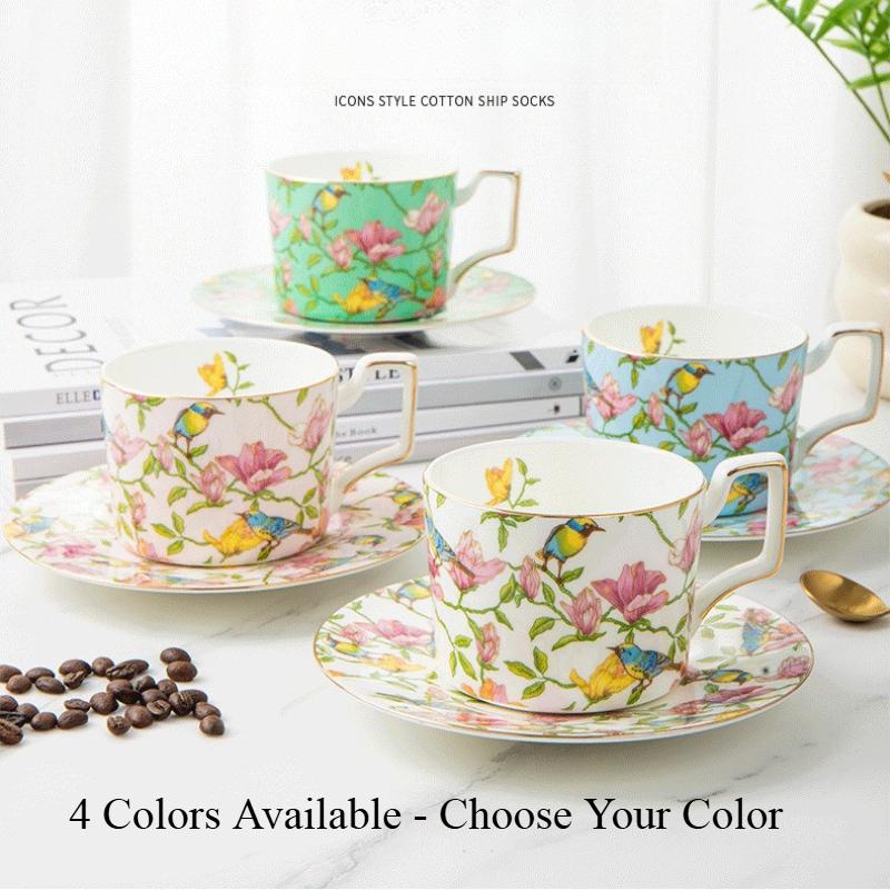 Ceramic Coffee Cup and Saucer Set 270ml Floral Bird Pattern Gold Rim for Tea 4 Colors