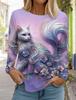 2024 Осень и зима Женская футболка с длинным рукавом с 3D-принтом и милым принтом котенка, женская уличная одежда с круглым вырезом и длинным рукавом