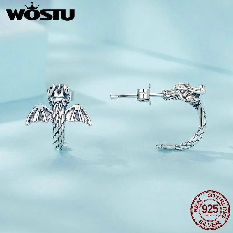 WOSTU 925 Sterling Silver Flying Dragon Stud Earrings Oxidized Silver Vintage Ear Studs Fine Jewelry For Women Girl Party Gift