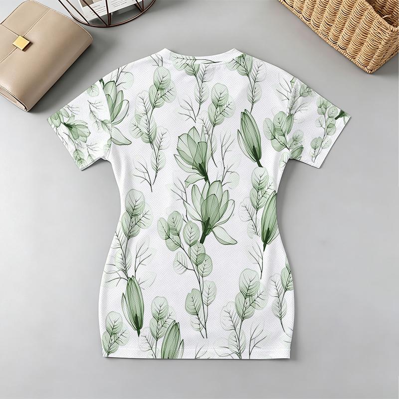 Women's Basic V-Neck Short Sleeve Slim Fit Mini Skirt - Minimalist Botanical Print, Comfort Fabric, Versatile for Beach Casual & Daily Commute