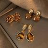 New Brown Resin Tiger Eye Stone Dangle Earrings for Women Fashion Zinc Alloy Needle Earring Personality Melard Color Zircon