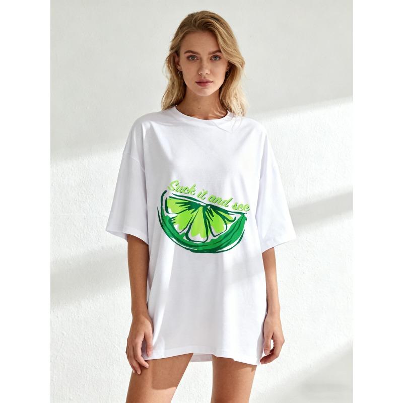 Oversized T Shirt Black Lime Slice With Suck It And See Text Casual Wear For Women Summer Street Style Fashion Top