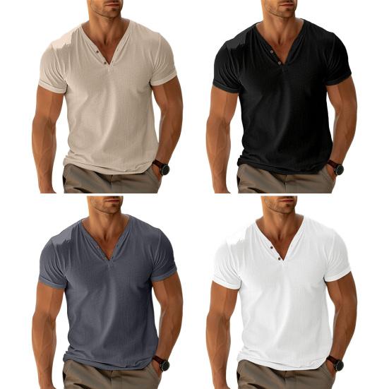 Men's Henry Collar T-shirt Short Sleeve Solid Color Summer Tee Shirt Cotton Blend Casual Top for Daily Wear Beach Travel