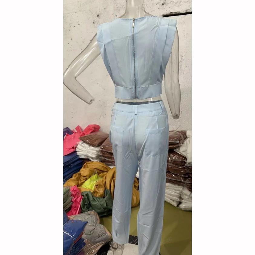 Летняя европейско-американская мода темперамент без рукавов простой тонкий однотонный брючный костюм