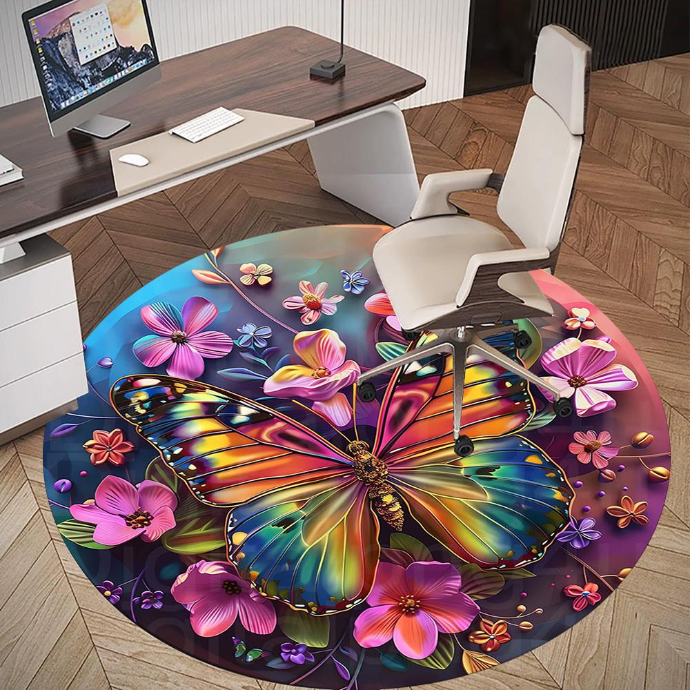 1pc Butterfly Flowers Round Chair mat Area Rug - Non-Slip, Floor Mat for Office, Bedroom, and Indoor Decor -1002273