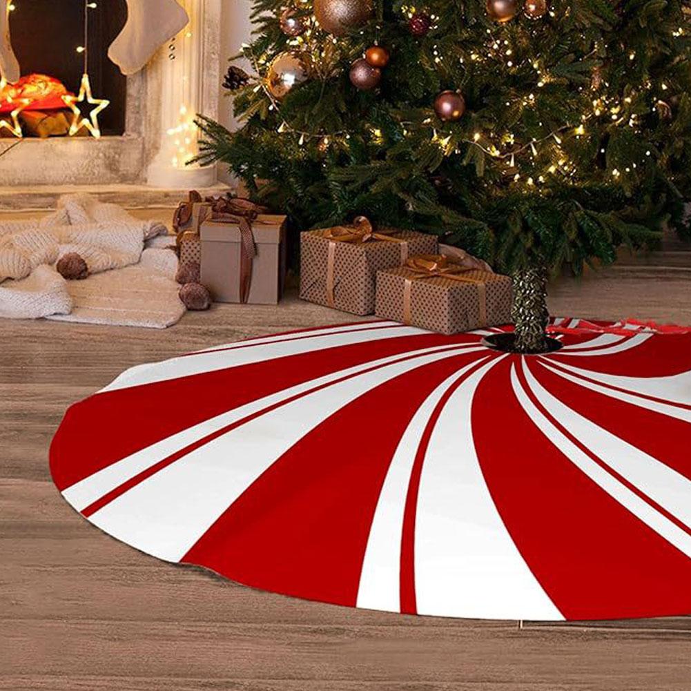 120cm Christmas Tree Skirt Red Swirl Peppermint Candy Snowman Reindeer Snowflake Xmas Home Party Decor Base Cover Carpet