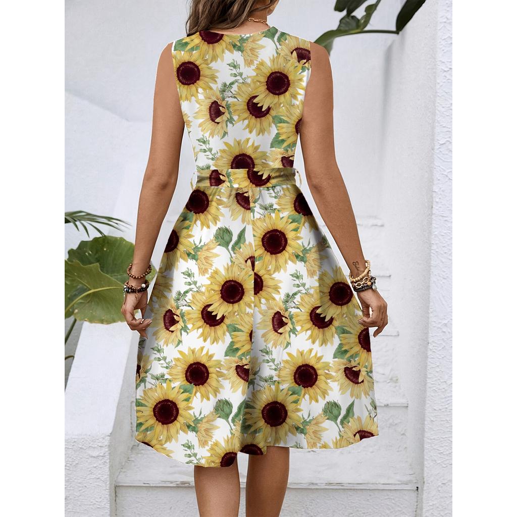 Женское весенне-летнее повседневное платье миди с V-образным вырезом без рукавов и цветочным принтом на талии