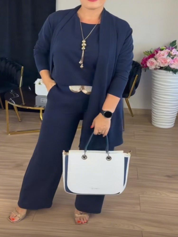 Бежевый комплект из 3 предметов: топ с длинным рукавом свободного кроя и брюки