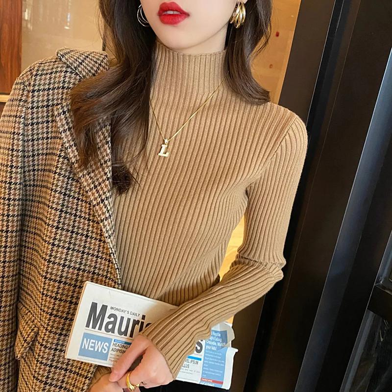 Твердые тонкие свитера, женские вязаные пуловеры, верхняя одежда с высоким воротом и длинными рукавами, джемперы