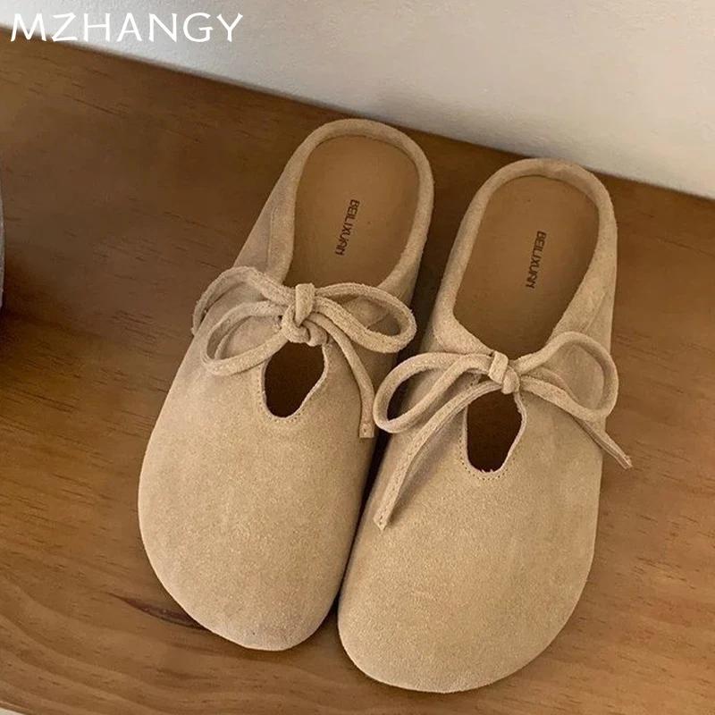Модные женские туфли с бантом на плоской подошве Мюли Туфли Тапочки Осенняя мода Повседневная обувь Женская 2024 Трендовая обувь для ходьбы Сандалии Уютное платье Mujer Zapatos