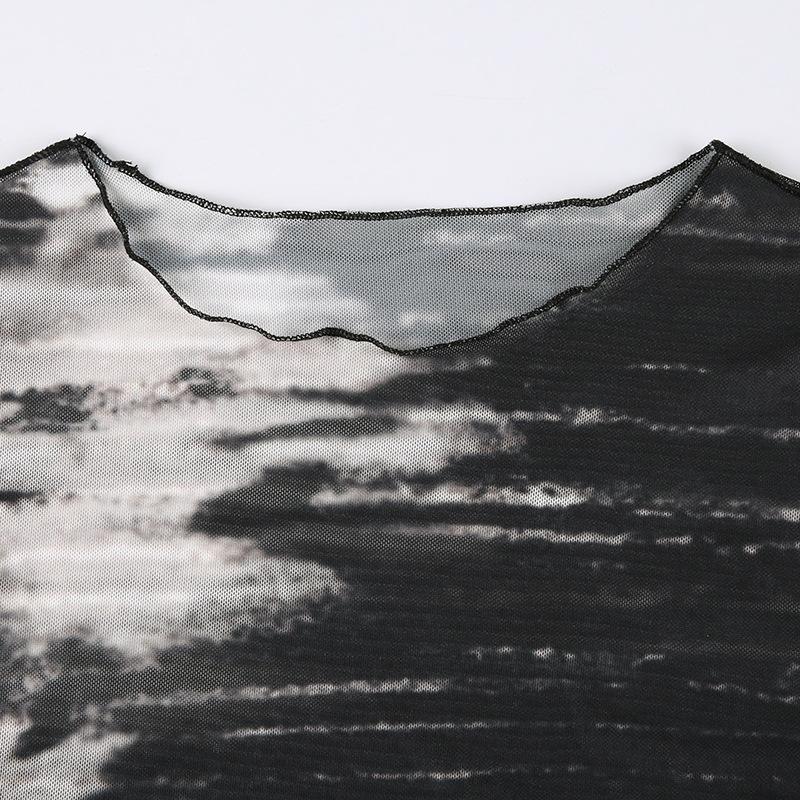 Модные тонкие сетчатые топы с абстрактным принтом и длинными рукавами и круглым вырезом, короткий кружевной женский топ