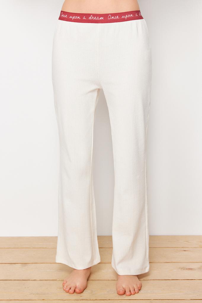 Women's Fashion New Pajama Set Ecru Slogan Printed Rubber Detailed Corduroy Cotton T-shirt-Pants Knitted Pajamas