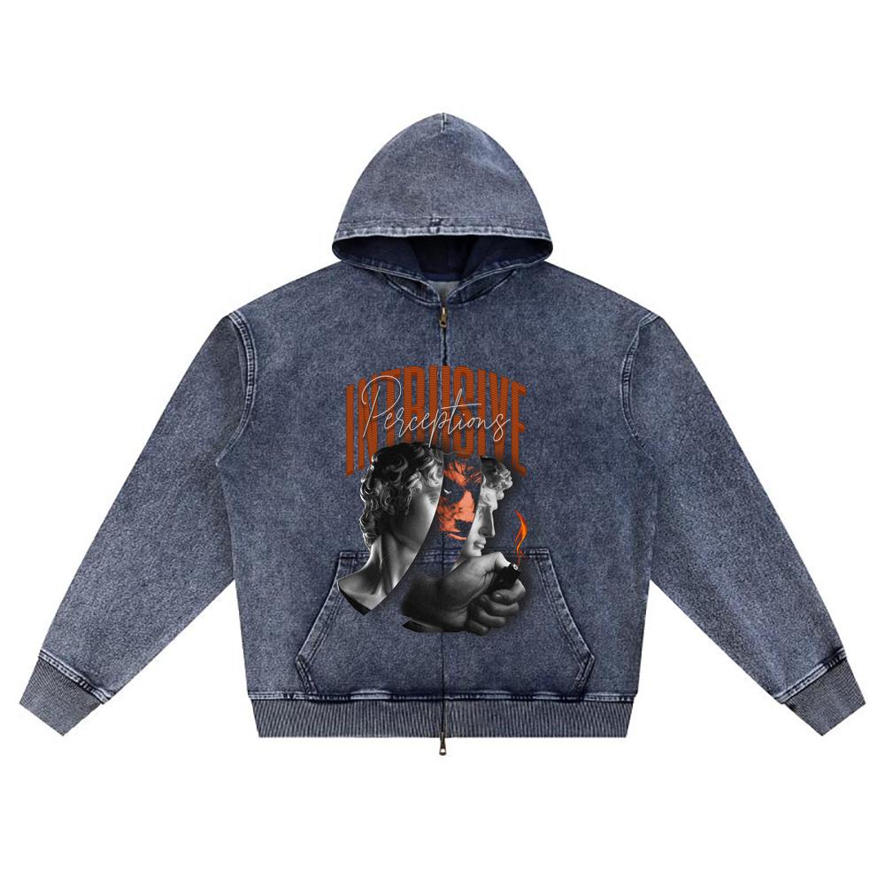 DTG Print Knitted Denim Zip-Up Hoodie Intrusive Brother Print Zipper Hoodies  