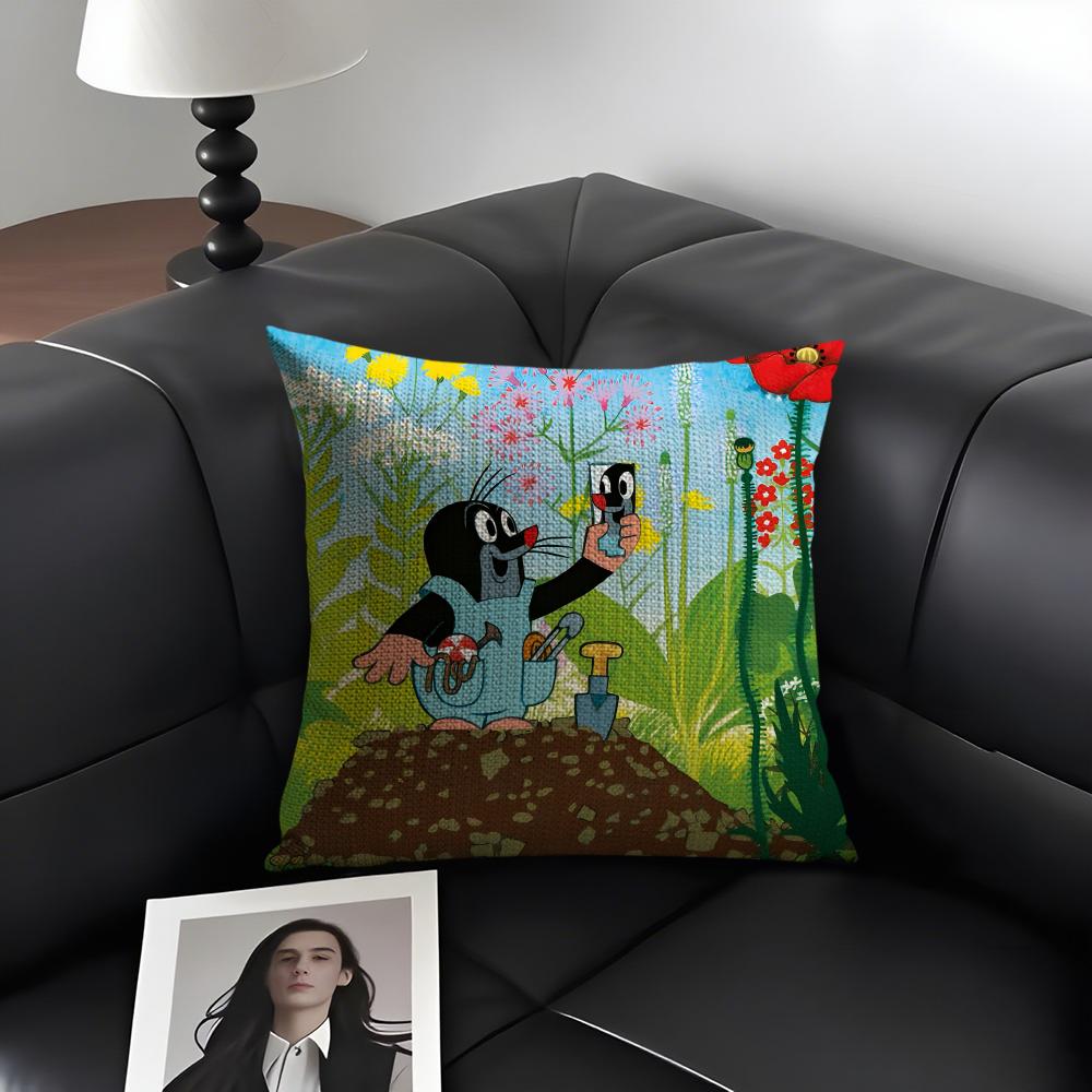 TThe LittleE Mole Cartoon Cushion Cover Natural Linen Organic Fabric DoubleSided Printing Sofa Home Decor Gift Pillow Case