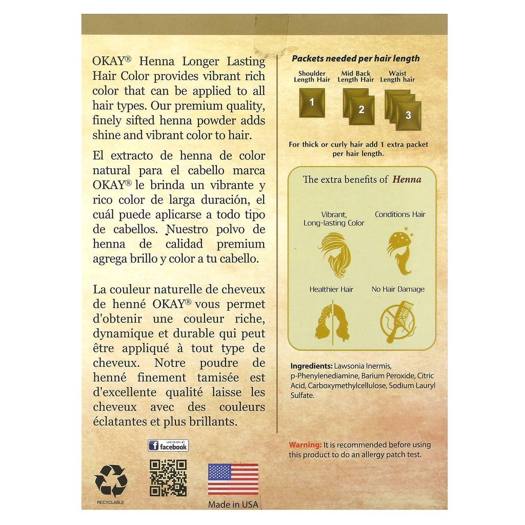 Okay Pure Naturals Хна, стойкая краска для волос, золотисто-коричневый, 2 унции (56,7 г)