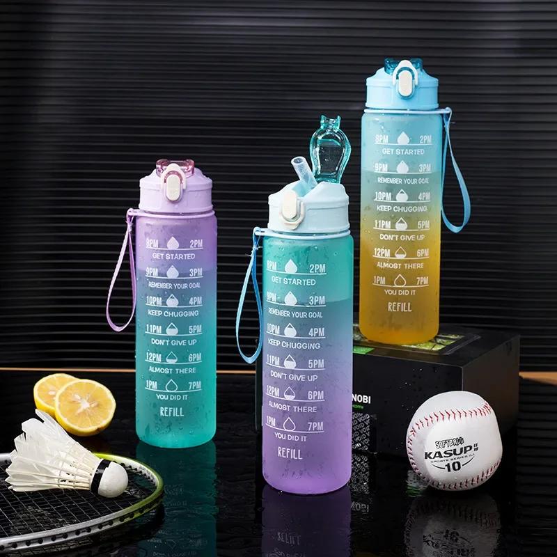Sports Water Bottle Portable Motivational Graduated Straw Cup Rainbow Frosted Progressive Color Water Cup Plastic Cup