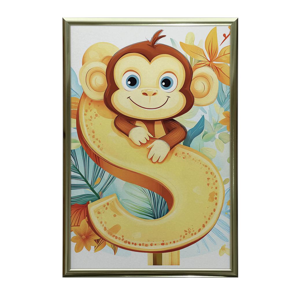 Plakat Wesoła Małpka I Literka S Plakat Wesoła Małpka I Literka S, 70X100 Cm, Rama Drewniana Jasny Dąb, Papier Matowy 230 Gsm