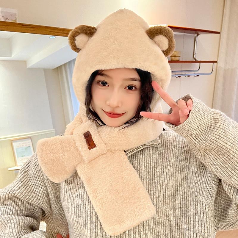 Women's Cozy Fox Ear Plush Hat with Integrated Scarf - Warm, Soft Lei Feng Design for Autumn and Winter. Perfect Ear Protection for Students.