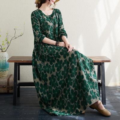 2024 Весеннее платье больших размеров, женское богемное повседневное платье с принтом, платье с цветочным принтом, свободные пляжные повседневные платья с круглым вырезом, зеленое женское