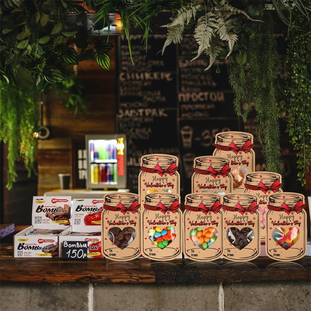 Набор из 24 бумажных банок для конфет, открыток ко Дню святого Валентина с 24 прозрачными герметичными пакетами для школьных принадлежностей для вечеринок