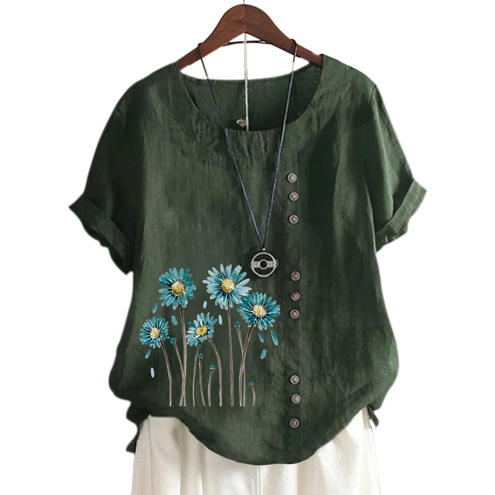 Trendy Ladies' Short Sleeve Top with 11 Colorful Floral Patterns and Round Neck