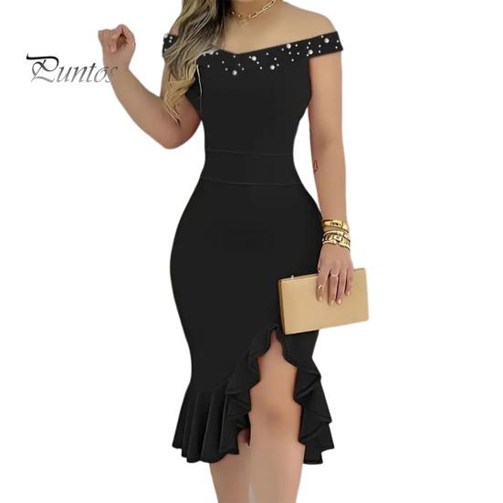 Evening Dress Off Shoulder Sheath Sleeveless Irregular Ruffle Hem Slim Fit Solid Color Faux Pearl Decor Midi Dress for Party Prom Wedding