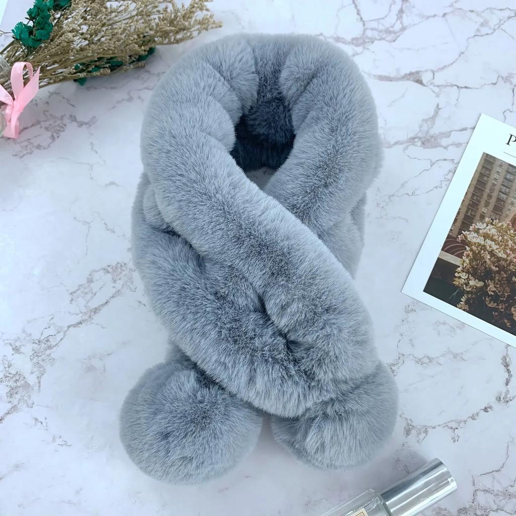 Scarf Female Autumn and Winter New Fur Rabbit Fur Plush Thick Warm Scarf Solid Color Fur Ball Cross Student Children